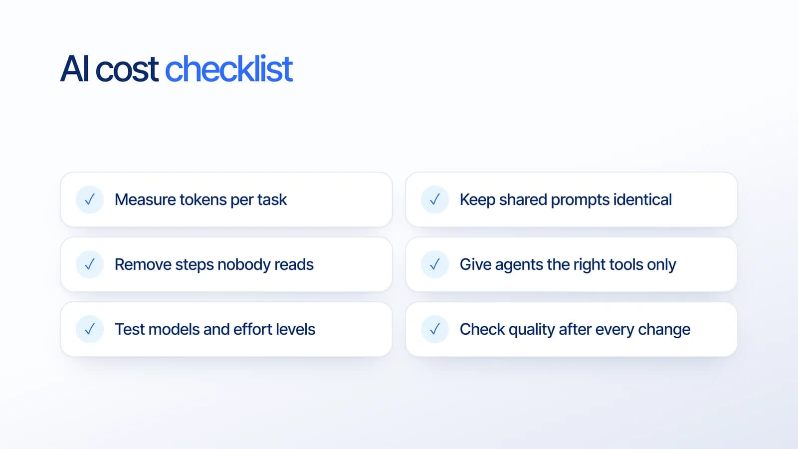Checklist biaya AI: ukur token per tugas, jaga prompt bersama tetap identik, hapus langkah yang tidak dibaca, beri agen hanya tool yang dibutuhkan, uji model dan tingkat effort, dan cek kualitas setiap ada perubahan