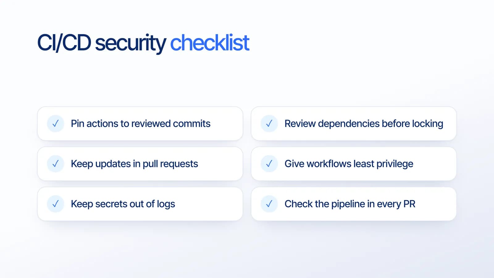 Checklist keamanan CI/CD: kunci action ke commit yang sudah dicek, review dependensi sebelum dikunci, lakukan update lewat pull request, beri workflow izin seminimal mungkin, jauhkan secret dari log, dan cek pipeline di setiap pull request