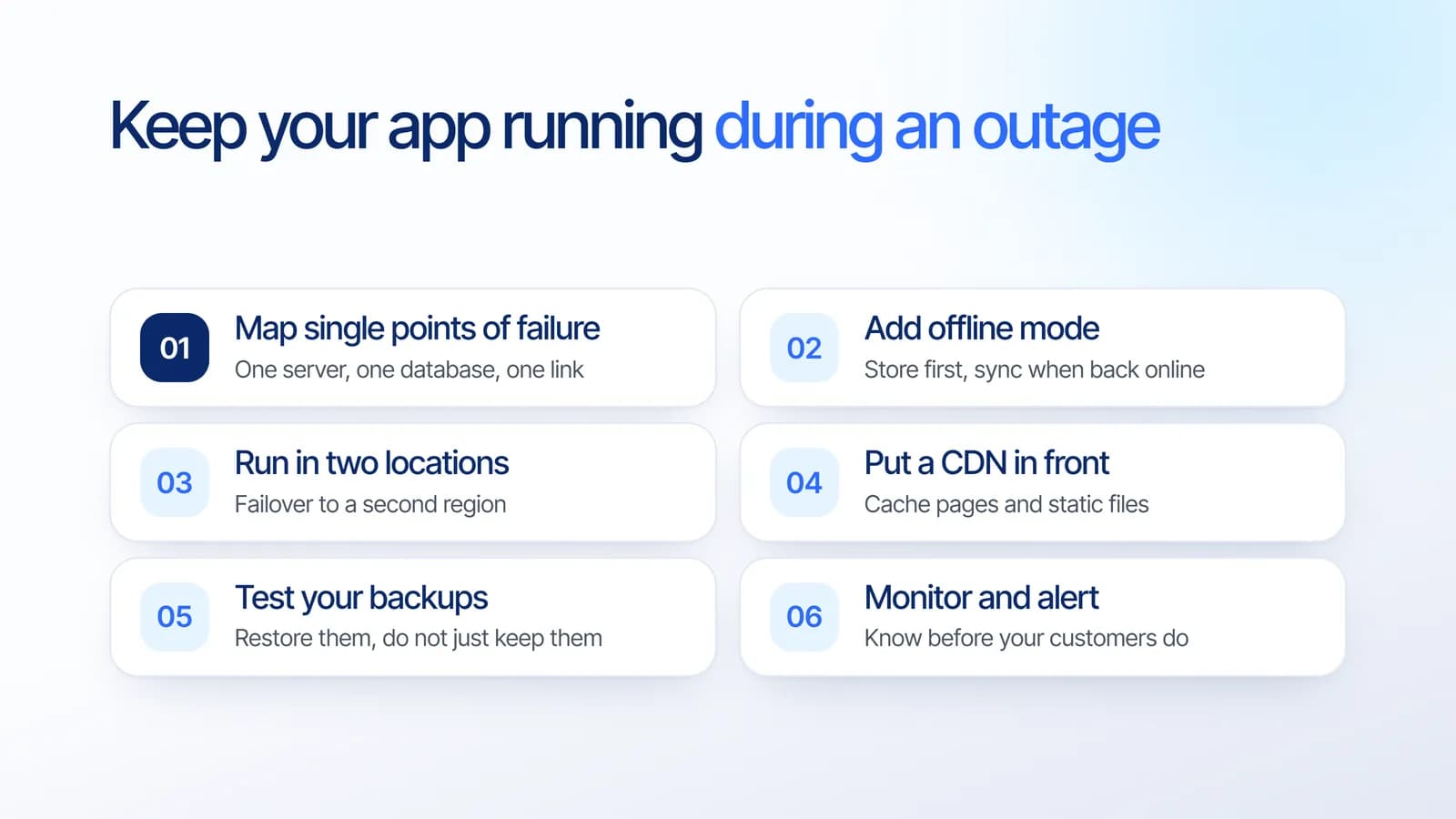 Enam langkah menjaga aplikasi tetap jalan saat gangguan internet: petakan single point of failure, tambah mode offline, jalankan di dua lokasi, pasang CDN, uji backup, serta pantau dan beri peringatan