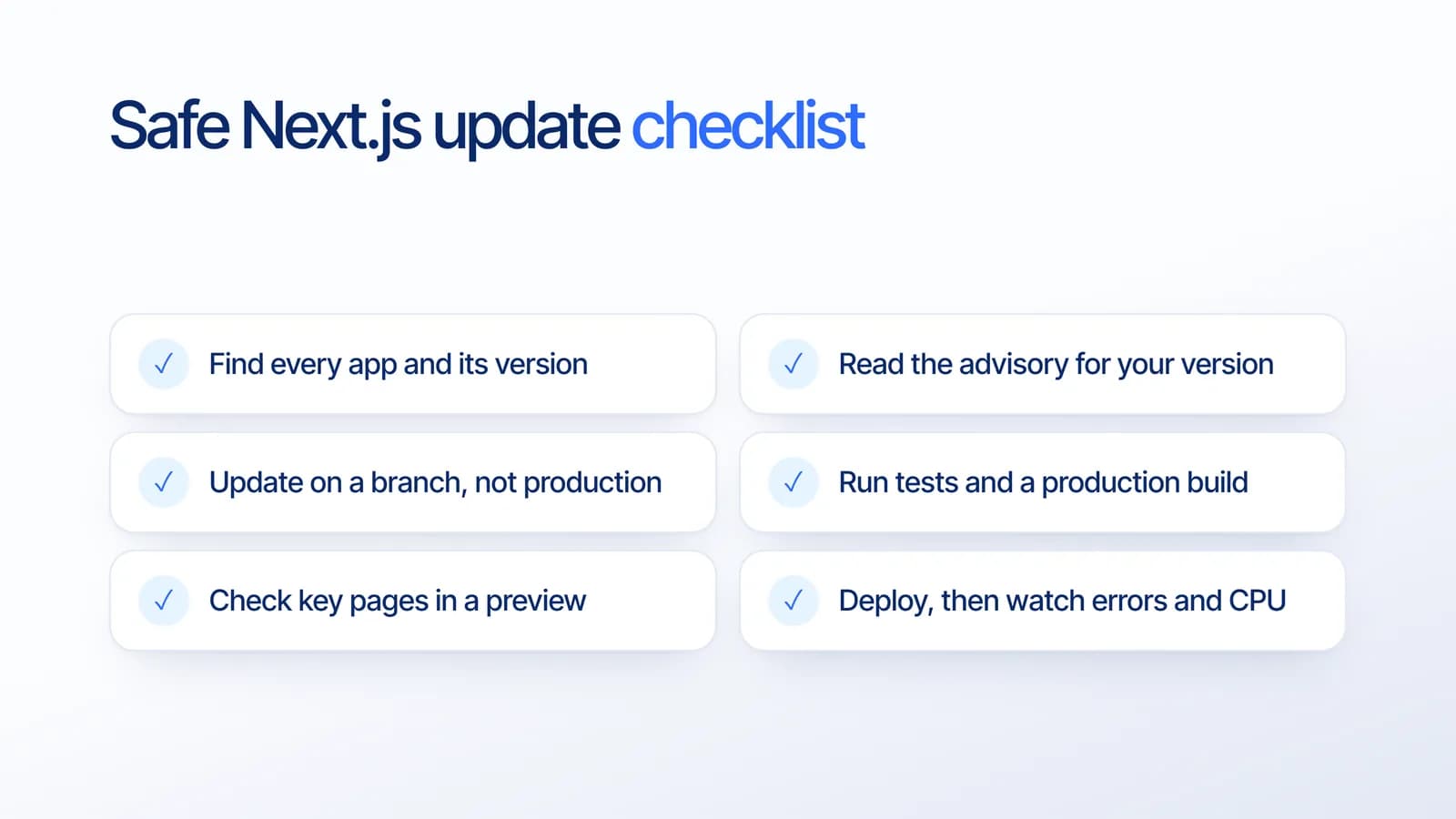 Checklist update Next.js yang aman: data semua aplikasi dan versinya, baca advisory untuk versimu, update di branch, jalankan test dan build production, cek halaman penting di preview, lalu deploy dan pantau error serta CPU