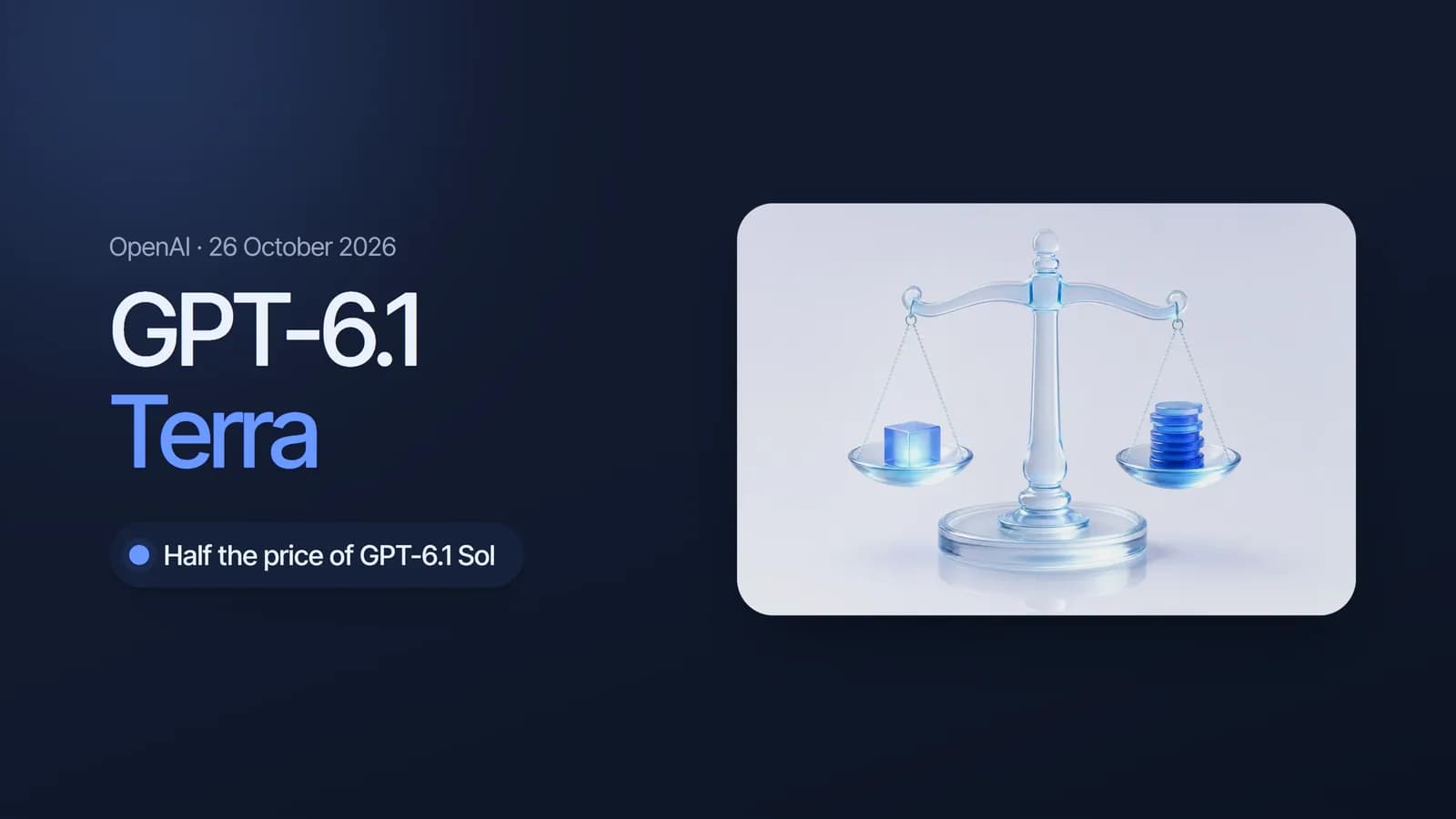 Frosted glass balance scale with a glowing cube on one side and stacked coins on the other, illustrating the GPT-6.1 Terra price and performance