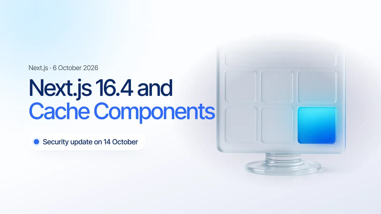 A glass web page frame made of frosted static tiles with one glowing live tile, illustrating Next.js Cache Components
