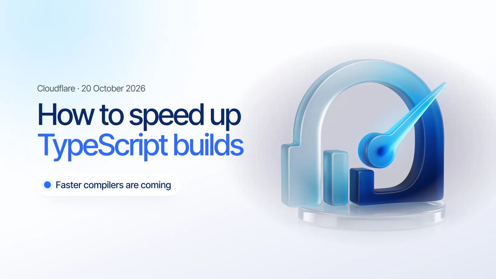 A glass speedometer with a glowing needle beside frosted code blocks, illustrating how to speed up TypeScript builds