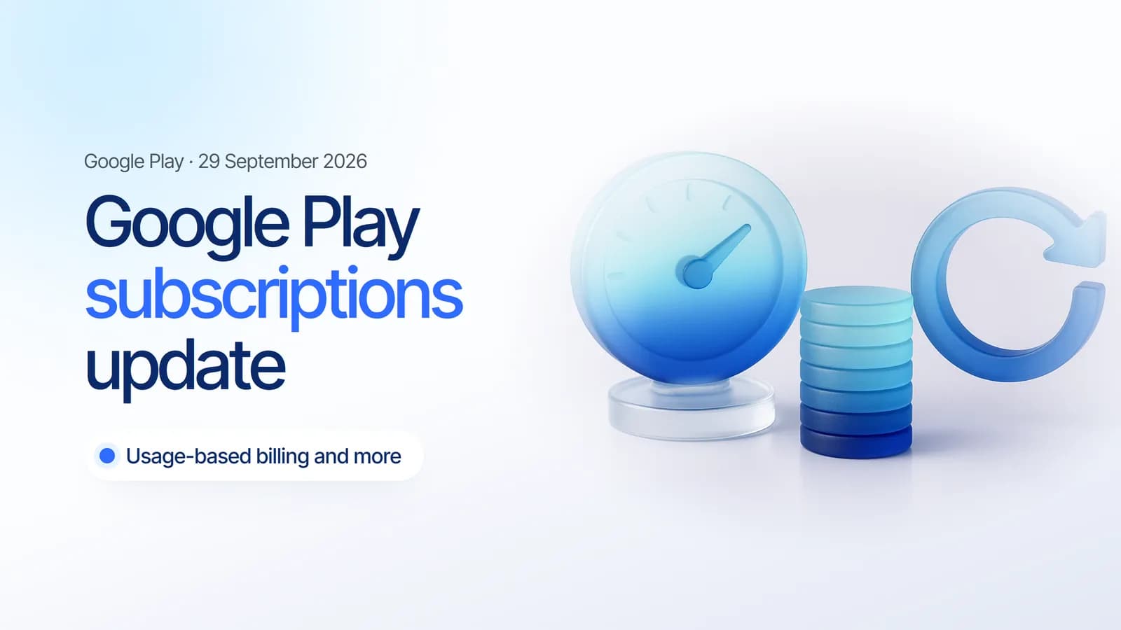 A glass meter dial beside stacked glass coins and a renewal ring, illustrating new Google Play subscriptions features