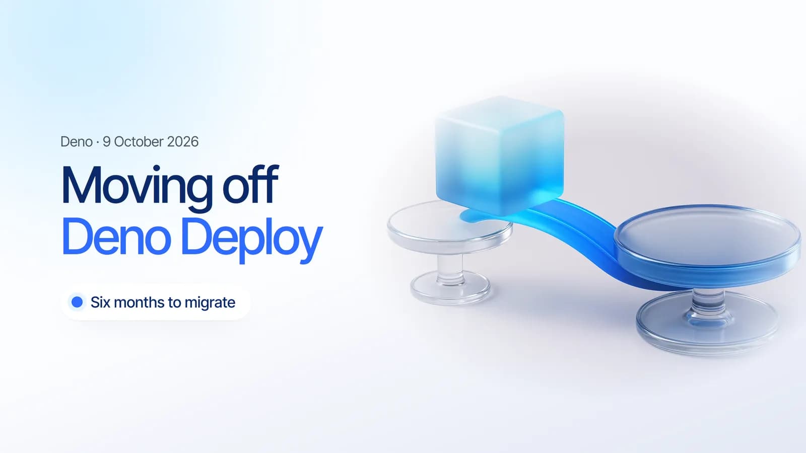A glass cube crossing a glowing glass bridge between two platforms, illustrating a migration away from Deno Deploy