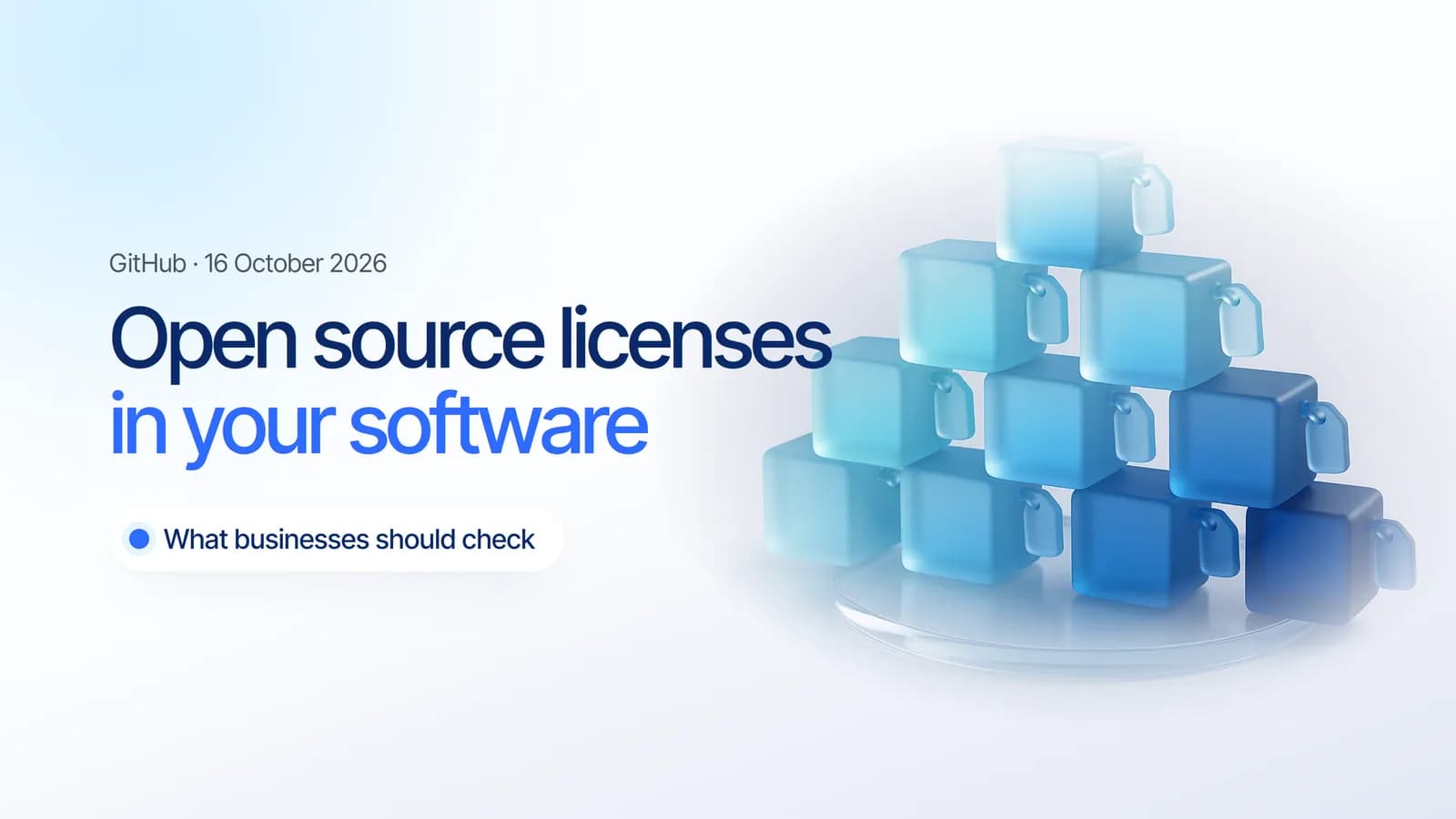 A shelf of frosted glass building blocks, each with a small glass tag, illustrating open source licenses in your software