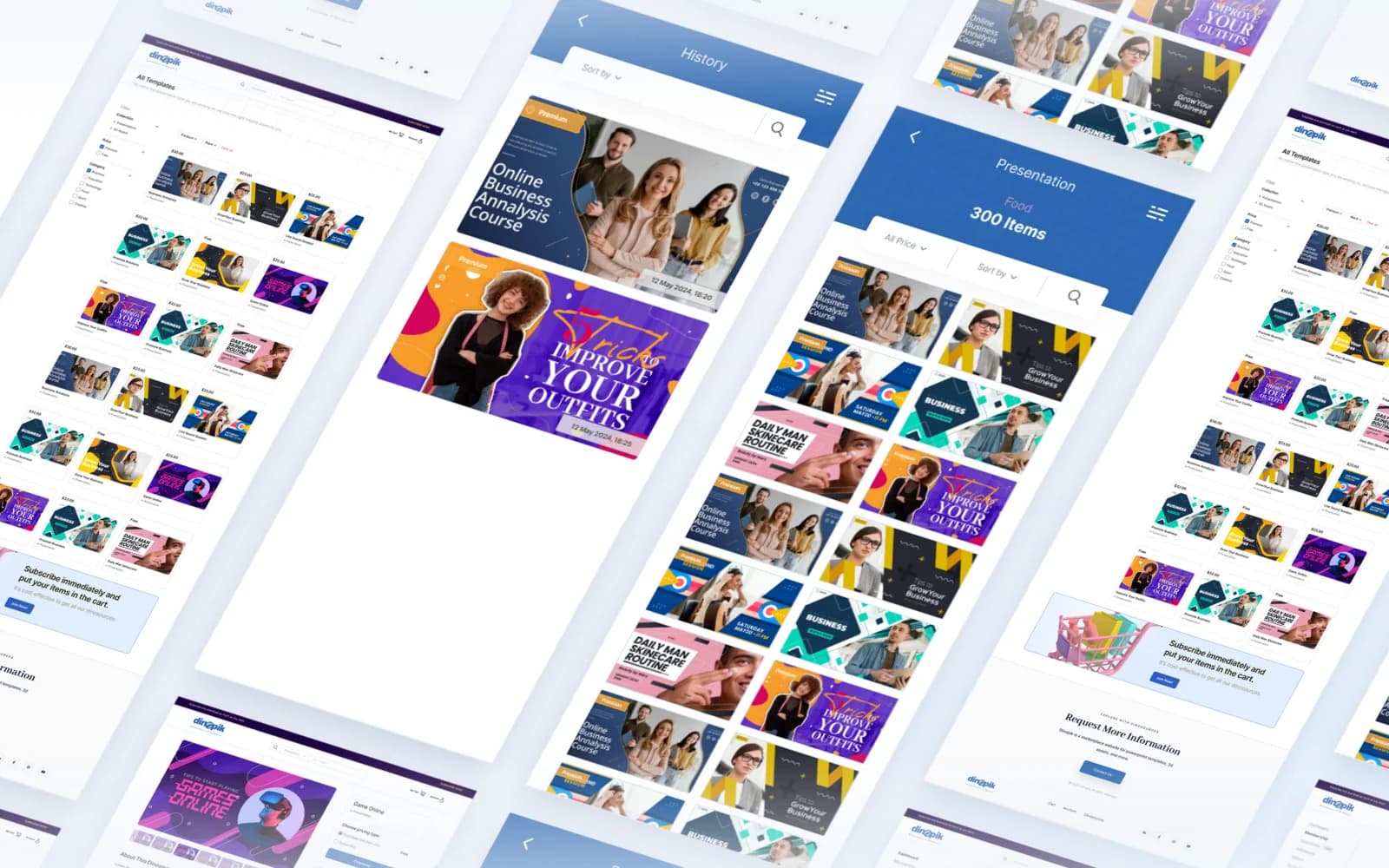 Dinopik marketplace and PowerPoint add-in screens