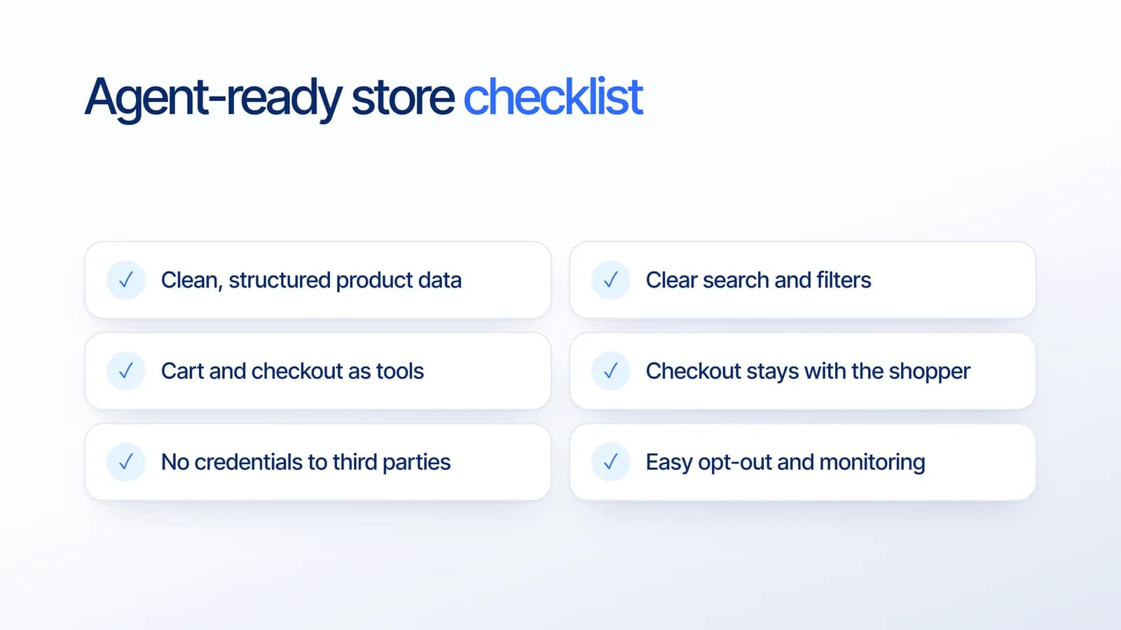 Checklist toko siap agen AI: data produk rapi dan terstruktur, pencarian dan filter jelas, keranjang dan checkout sebagai tool, checkout tetap di tangan pembeli, kredensial tidak dikirim ke pihak ketiga, serta opt-out dan monitoring yang mudah
