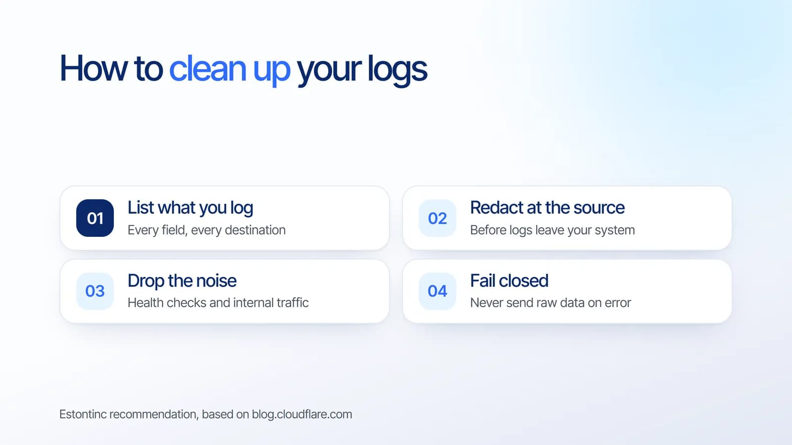Cara membersihkan log: daftar semua field dan tujuan, samarkan dari sumbernya, buang health check dan trafik internal, dan pastikan data mentah tidak terkirim saat terjadi error
