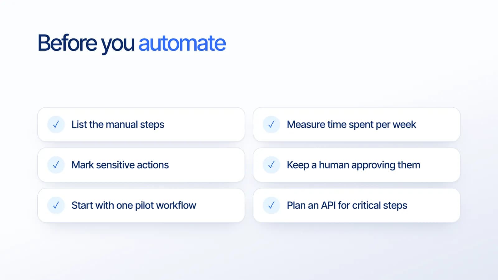 Checklist before automating legacy software: list manual steps, measure time, mark sensitive actions, keep a human approving, start with one pilot, plan an API for critical steps