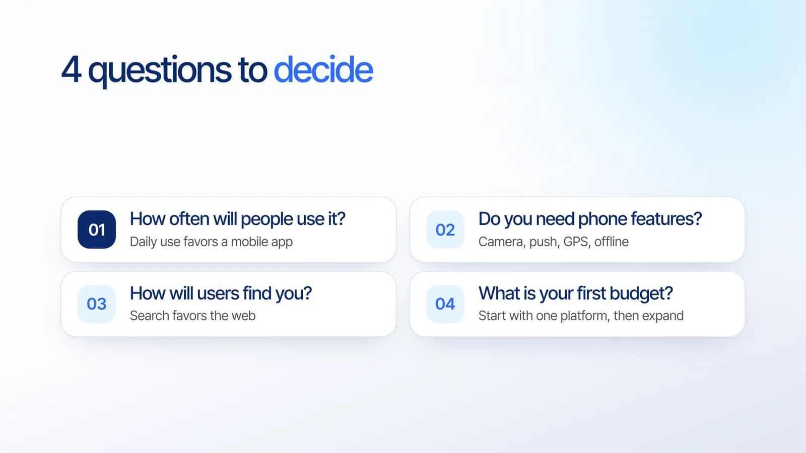 Four questions to choose between a web app and a mobile app: how often it is used, phone features, how users find you, and first budget