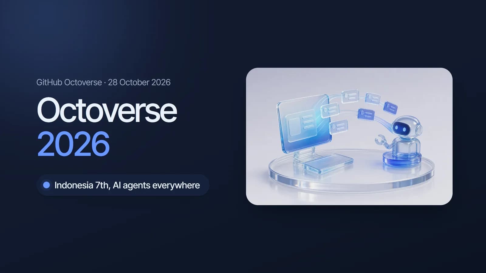 Monitor kaca buram yang mengirim kartu kode ke robot biru kecil, ilustrasi developer dan agen AI bekerja bersama di Octoverse 2026