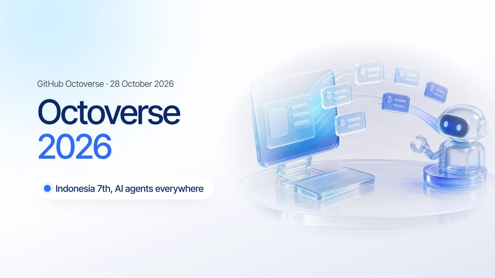 Monitor kaca buram yang mengirim kartu kode ke robot biru kecil, ilustrasi developer dan agen AI bekerja bersama di Octoverse 2026